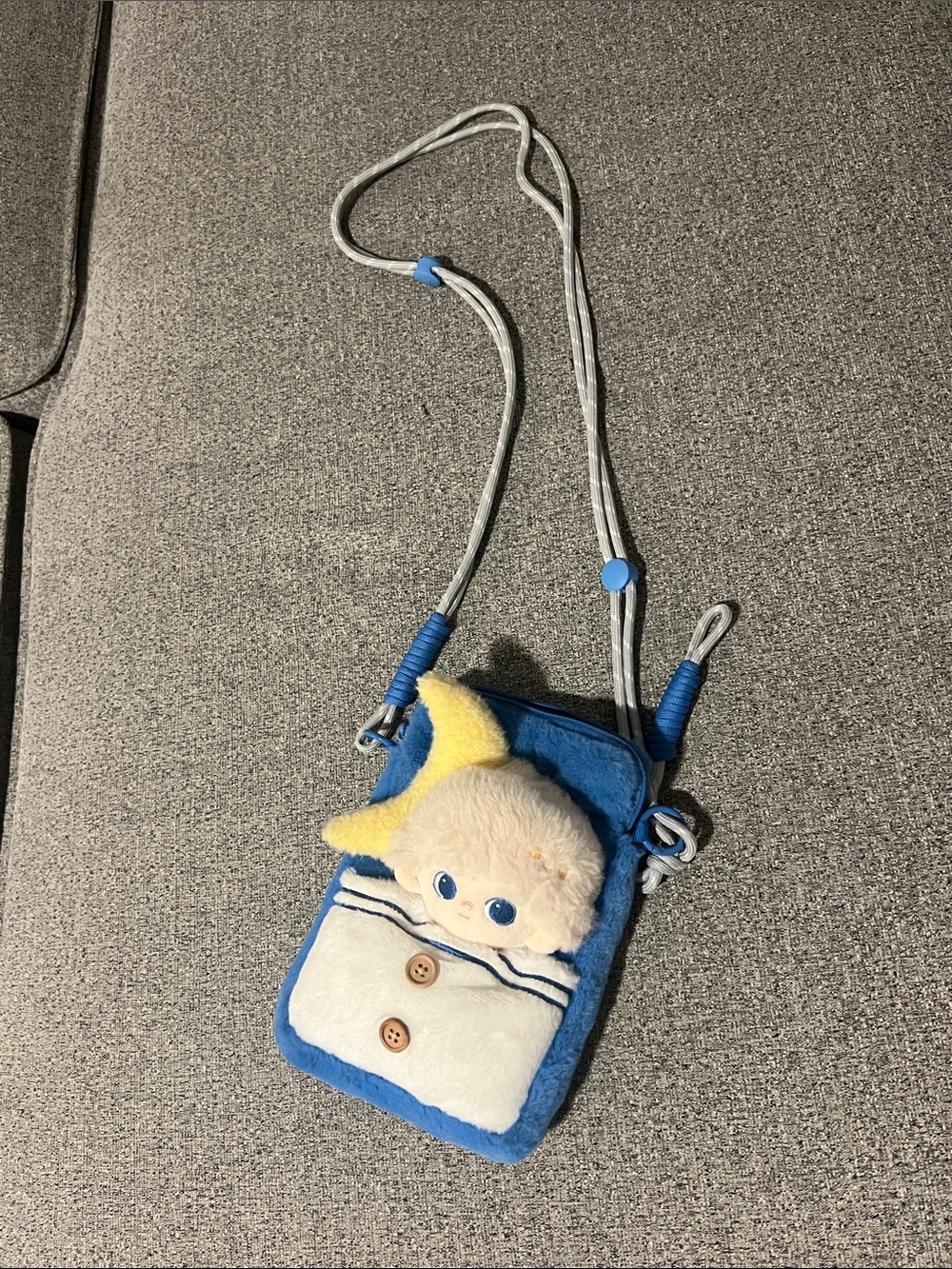 Plush Blue Kids Character Crossbody Bag with Cream Doll Accent